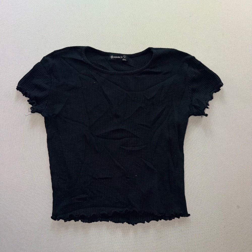 Popular 21 Crop Top Womens Large Black Good Ribbed Knit Lettuce-edge Trim